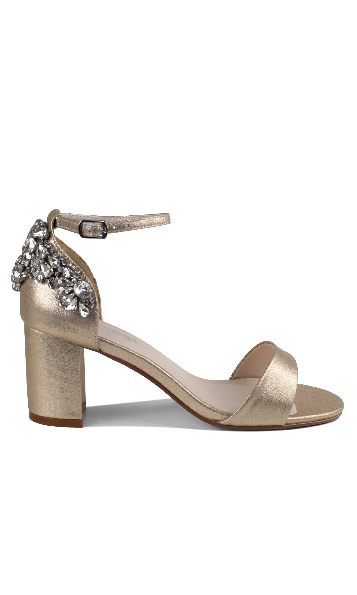 The Olivia Champagne Shimmer Prom Shoes (Touch Ups 4637) feature a gold block heel, ankle strap, shimmer accents, and decorative rhinestones on the heel.